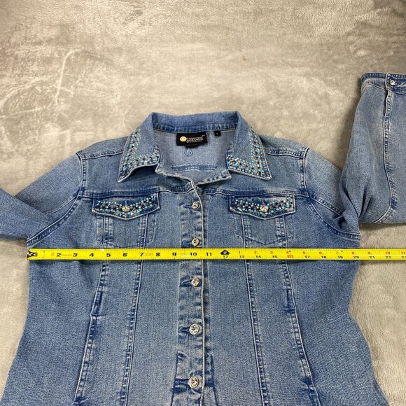 Christine Alexander Trucker Jacket Women L Blue Denim Rhinestone Mandala Crystal - Picture 8 of 16